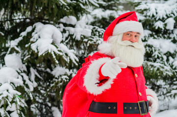 Santa claus greets in the snowy coniferous forest in December. Christmas time. An elderly gray-haired man in a Santa Claus costume posing outdoors.