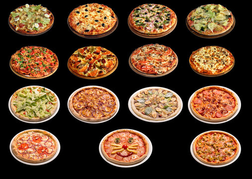 Set of 15 pizza isolated on black background. Image of fast food for menu card, web design, site, shop, advertising or delivery.