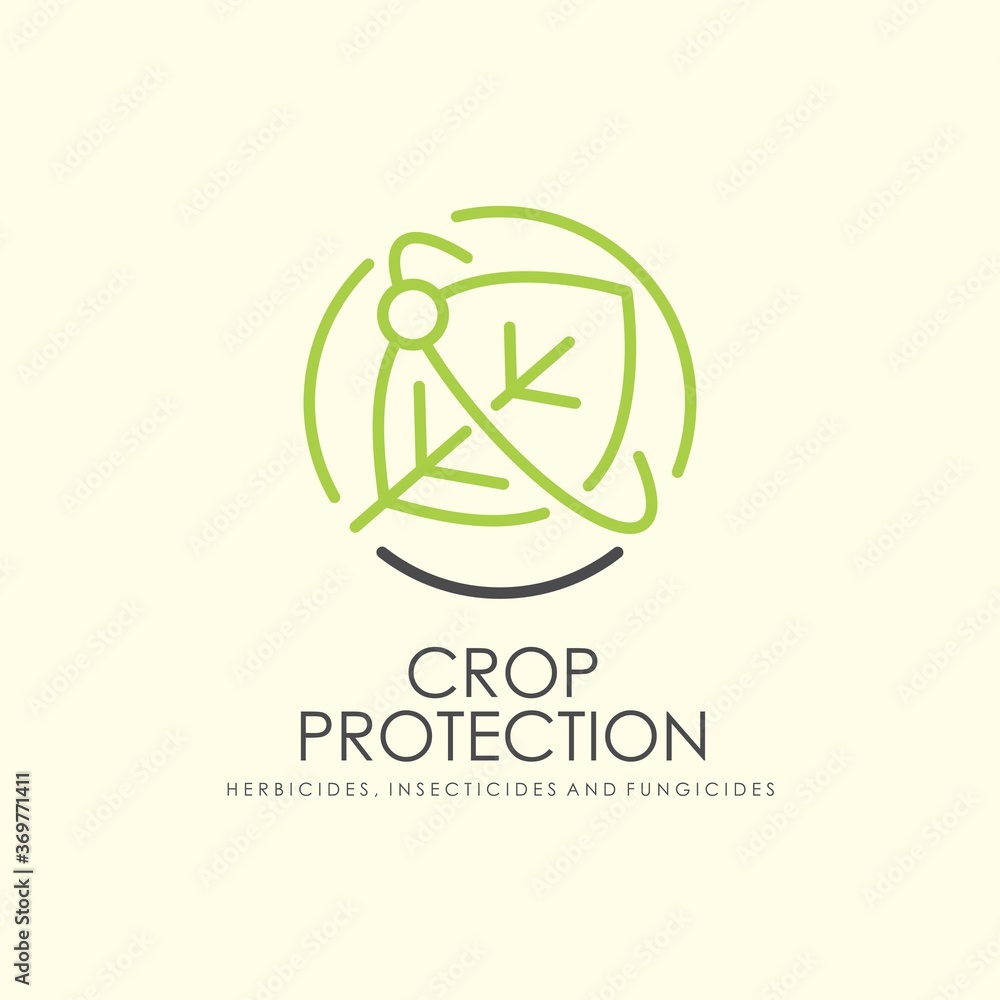 Wall mural Crop protection logo with green leaf symbol in the middle of picture. Vector logotype sign for agricultural industry.