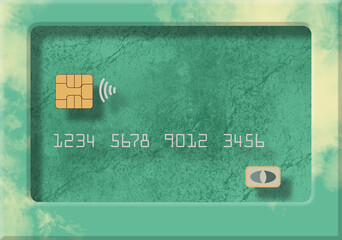 A green credit card with grunge texture is seen in floating 3-D style that appears to be a hole cut in the background. The card appears to be behind the page. Text area.