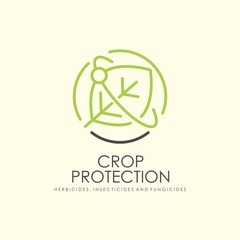 Crop protection logo with green leaf symbol in the middle of picture. Vector logotype sign for agricultural industry.