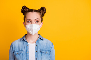 Photo of attractive teen lady two buns outdoors safety use medical respirator quarantine social...