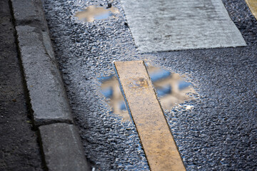 cityscapes in reflections in puddles after rain