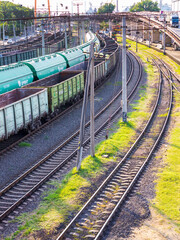 Odessa, Ukraine - August 17, 2010: Freight trains stand in a queue for loading at the cargo terminal of the Odessa sea port. Rail transportation most economical logistics solutions
