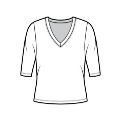 Deep V-neck jersey sweater technical fashion illustration with elbow sleeves, oversized body. Flat shirt apparel template front, white color. Women, men unisex outfit top CAD mockup