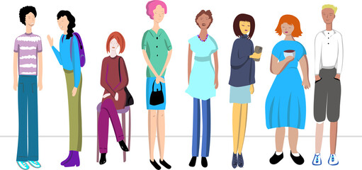 vector clipart with eight people of different gender, nationality, clothes and health