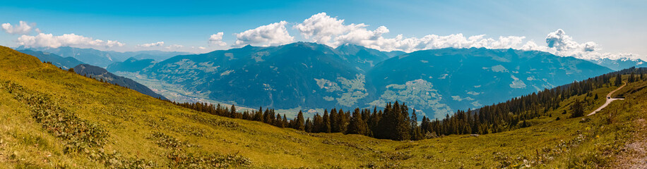 Fototapeta na wymiar High resolution stitched panorama of a beautiful alpine view at the famous Zillertaler Hoehenstrasse, Ried, Zillertal, Tyrol, Austria