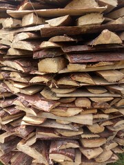 dry pine wood stacked in a woodpile