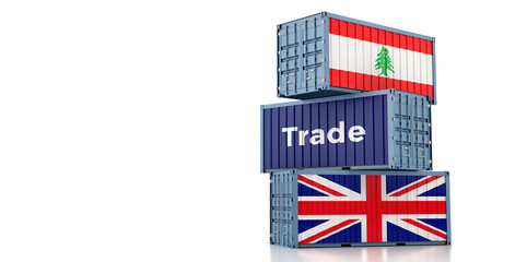 Freight containers with United Kingdom and Lebanon flag. 3D Rendering 