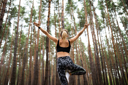 Beautiful woman standing and doing yoga in forest. Exercise and meditation concept. Pay obeisance or raise hand concept. Pine wood in summer theme. Back view.