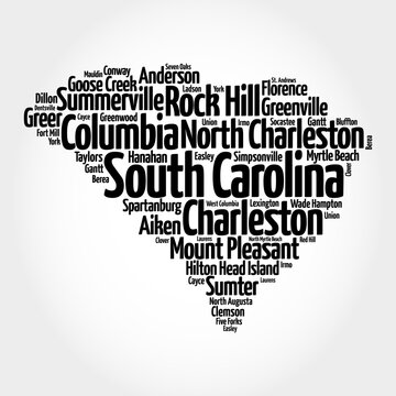 List of cities in South Carolina USA state, map silhouette word cloud, map concept background