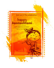illustration of Happy Janmashtami festival of India with Lord Krishna with matki of dahi handi and playing flute(bansuri)