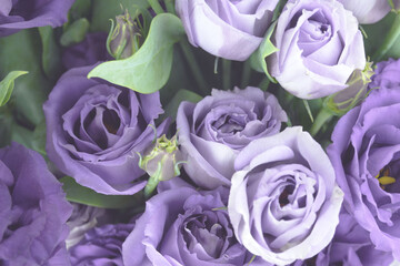 Beautiful bouquet of white and purple flowers. Decorative flower arrangement for the holiday. Closeup.