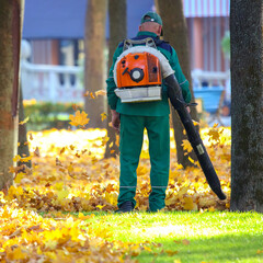 Working in the Park removes autumn leaves with a blower