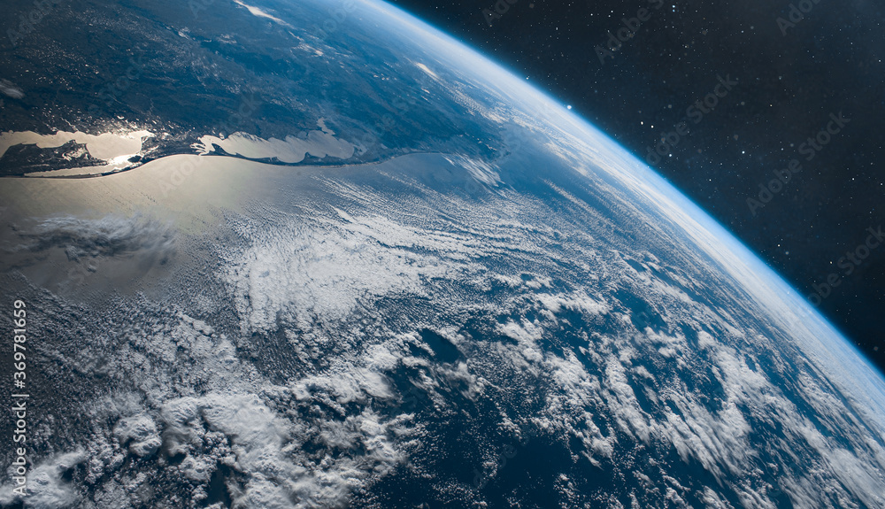 Poster Planet Earth surface in space. Orbit of planet. Elements of this image furnished by NASA
