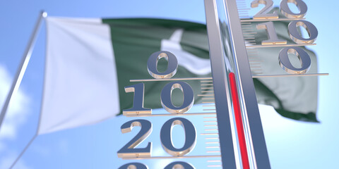 Thermometer shows 0 zero air temperature near waving flag of Pakistan. Weather forecast conceptual 3D rendering