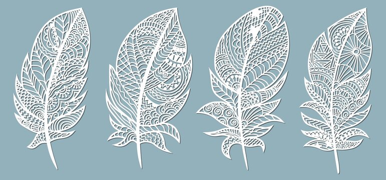 Feather. Laser cut. Template for laser cutting and Plotter. Vector illustration. Sticker. Pattern for the laser cut, serigraphy, plotter.