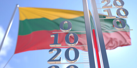 Thermometer shows 0 zero air temperature near waving flag of Lithuania. Weather forecast conceptual 3D rendering