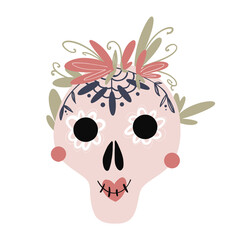 Cute kawaii for the day of death pink skull with flowers isolated on white background. Flat digital art. Print for banners, poster, sticker, packaging, invitation, wrapping paper, textiles