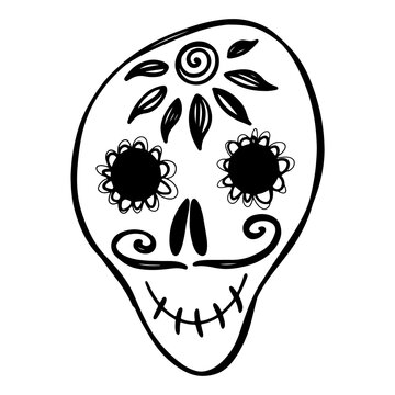 Cute kawaii death day skull with mustache isolated on white background. Doodle digital art outline. Print for banners, coloring page, packaging, invitation, wrapping paper, textiles