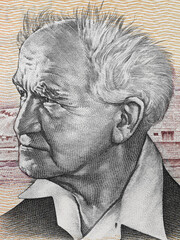David Ben-Gurion portrait on Israeli 50 (old) sheqalim banknote closeup macro. Primary founder of...