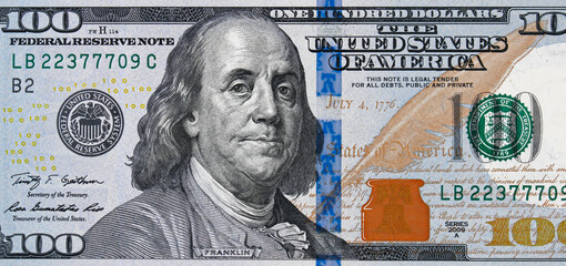 US 100 dollar bill close up, USA federal fed reserve note. American dollar is the official currency of the United States of America. - obrazy, fototapety, plakaty