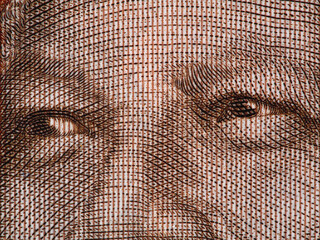 Nelson Mandela face on South African money 20 rand banknote extreme macro. Leader of African people and former president of South Africa, Nobel Prize Winner.