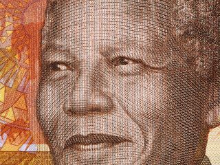 Nelson Mandela portrait on South African money 20 rand banknote close up. Leader of African people...