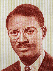 Patrice Lumumba portrait on Guinean 10 syli (1971) banknote close up macro, Guinea money closeup....