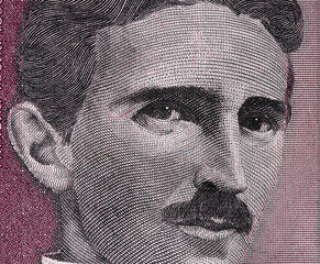 Nikola Tesla portrait on Yugoslavia 5 dinars(1994) banknote closeup macro, genius physics inventor