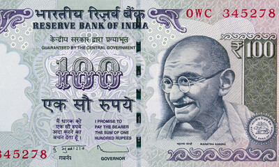 Indian 100 rupee banknote close up, India money closeup