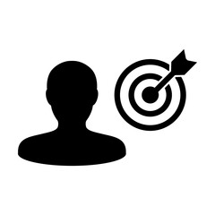 Successful icon vector bullseye target dartboard with male user profile avatar symbol for business development goals in glyph pictogram illustration