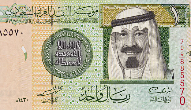 Saudi Arabia one riyal banknote macro, Saudi Arabia King Abdullah portrait, money closeup
