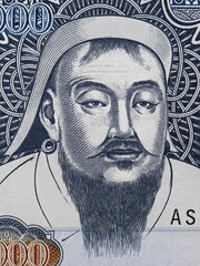 Genghis Khan portrait on Mongolia 1000 Tugrik banknote closeup macro. Founder and Great Khan...