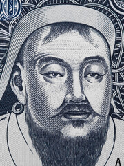 Genghis Khan portrait on Mongolia 1000 Tugrik banknote closeup macro. Founder and Great Khan...