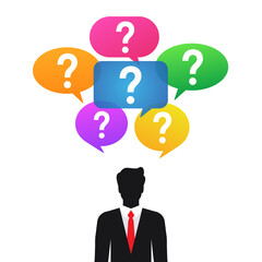 Businessman with question marks on speech bubbles