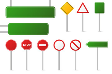 Set of different road signs isolated on a white background. Traffic and direction signs. Red, green and yellow. Speed limit. Stop. Vector collection.
