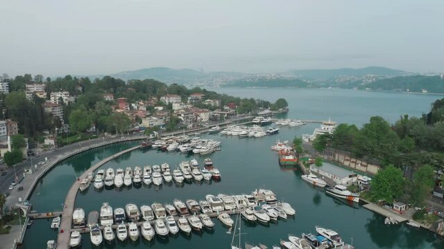 Aerial view of Tarabya private yacht harbor. 4K Footage in Turkey