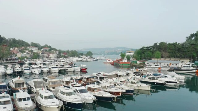 Aerial view of Tarabya private yacht harbor. 4K Footage in Turkey