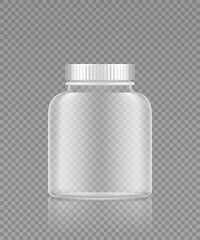 Empty transparent plastic bottle mockup for medicine pills or supplement. Package design. Blank medicine, sport or dietary nutrition, healthcare template. 3d realistic vector illustration
