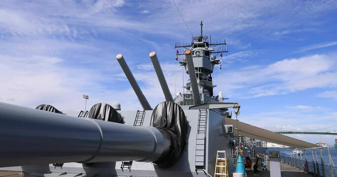 USS Iowa Battleship deck guns war ship California 4K. Port of Los Angeles, America's Port. Open to public as USS Iowa Museum. Served in World War II, Korea, decommissioned in 1990.