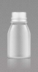 Empty transparent plastic jar mockup. Packaging design. Blank sport or dietary nutrition, healthcare or medicine bottle template. 3d realistic vector illustration