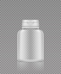 Empty transparent plastic jar mockup. Packaging design. Blank sport or dietary nutrition, healthcare, medicine or dry products bottle template. 3d realistic vector illustration