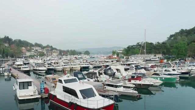 Aerial view of Tarabya private yacht harbor. 4K Footage in Turkey
