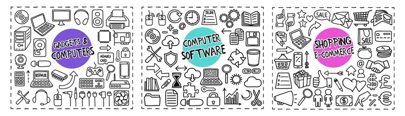 Gadgets and Computers, Computer Software and Shopping doodle icons set