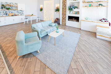 Fashionable spacious apartment with a stylish design in green, grey and white pastel colors with big window and decorative walls. bedroom and kitchen space