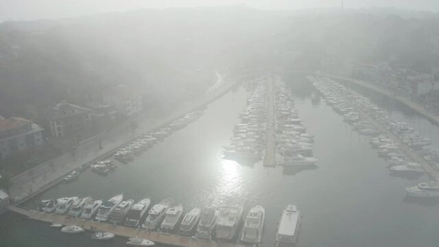 Aerial view of Tarabya private yacht harbor. 4K Footage in Turkey