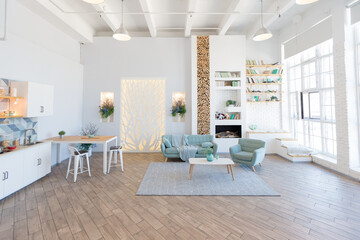 Fashionable spacious apartment with a stylish design in green, grey and white pastel colors with big window and decorative walls. bedroom and kitchen space