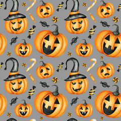 Happy Halloween seamless pattern with Jack O' Lantern pumpkins, candy sweets holiday party decorations. Watercolor Cartoon gray background illustration. Halloween spooky cemetery scrapbook paper.