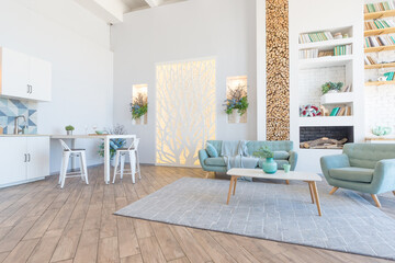 Fashionable spacious apartment with a stylish design in green, grey and white pastel colors with big window and decorative walls. bedroom and kitchen space